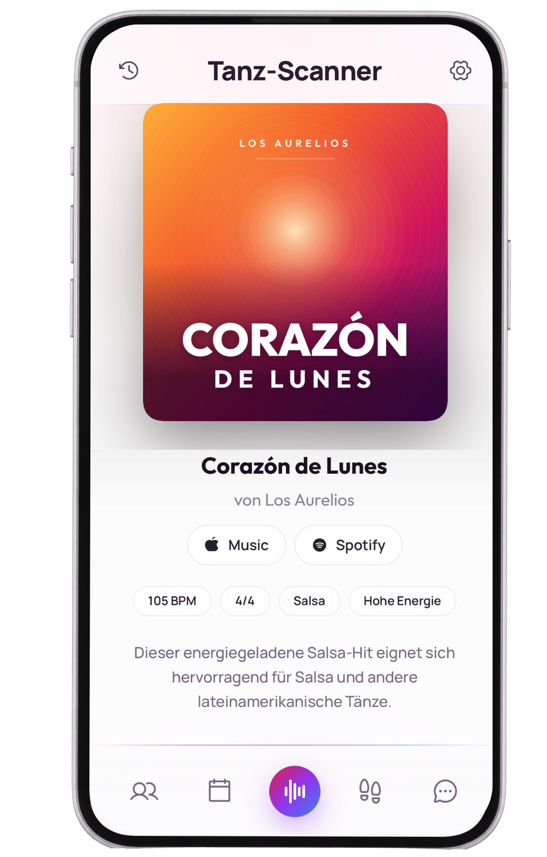 Tanz-Scanner der App erkennt einen Salsa-Titel