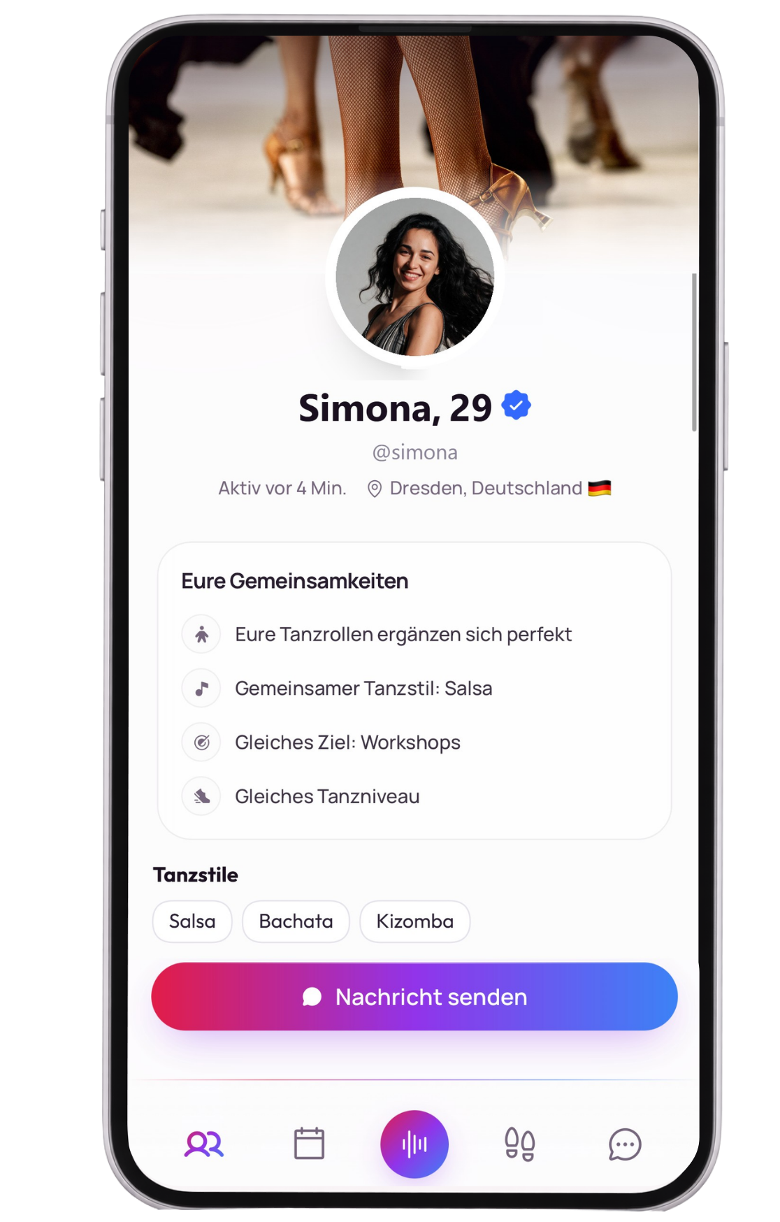 Profilansicht der App mit Tanzstilen und Gemeinsamkeiten