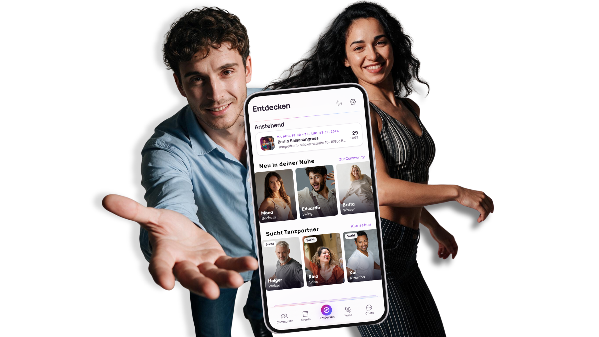 Zwei Tänzer:innen neben einem Smartphone, das den Entdecken-Bildschirm der udansa-App zeigt