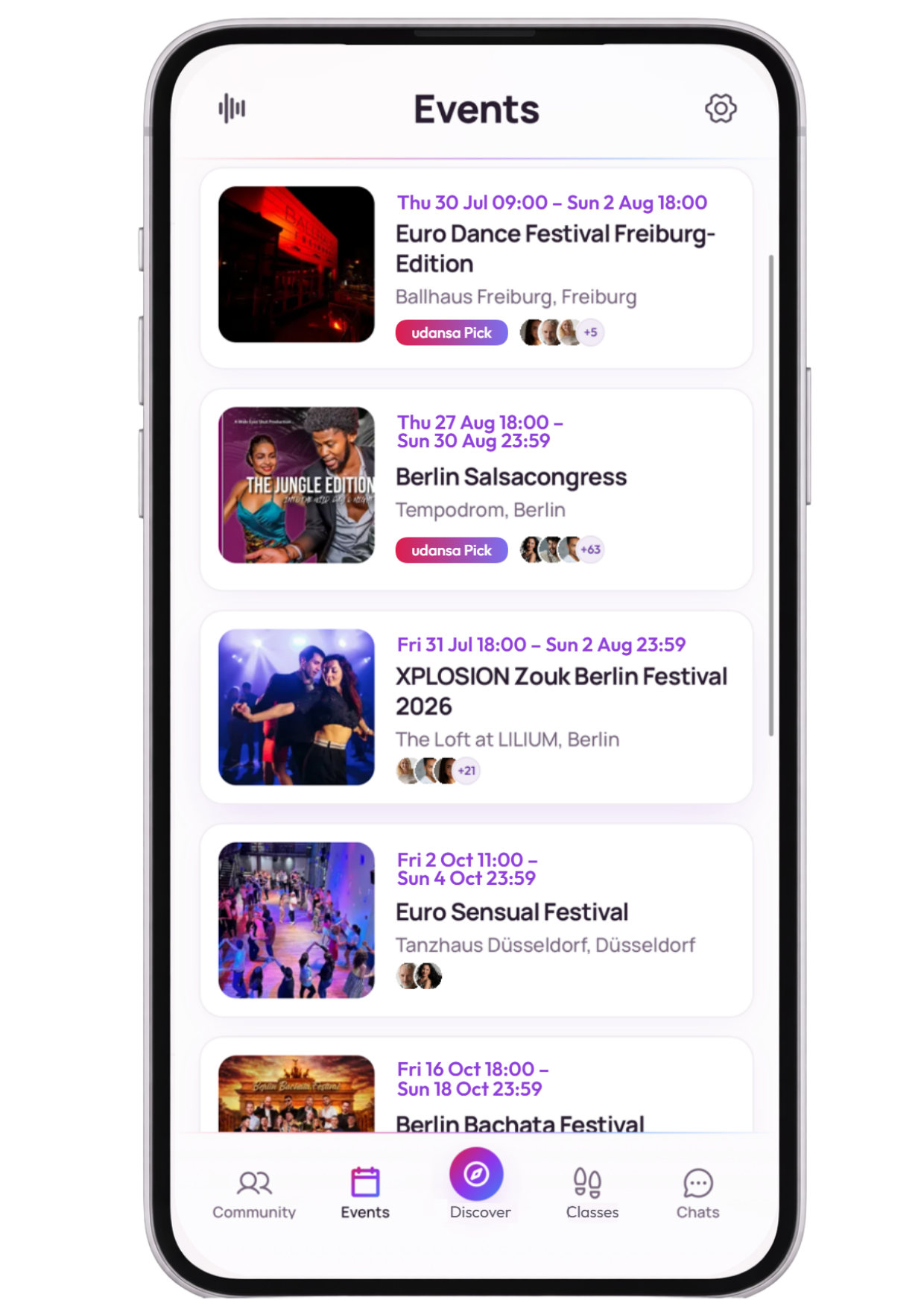 Seznam akcí v aplikaci s festivaly a večírky