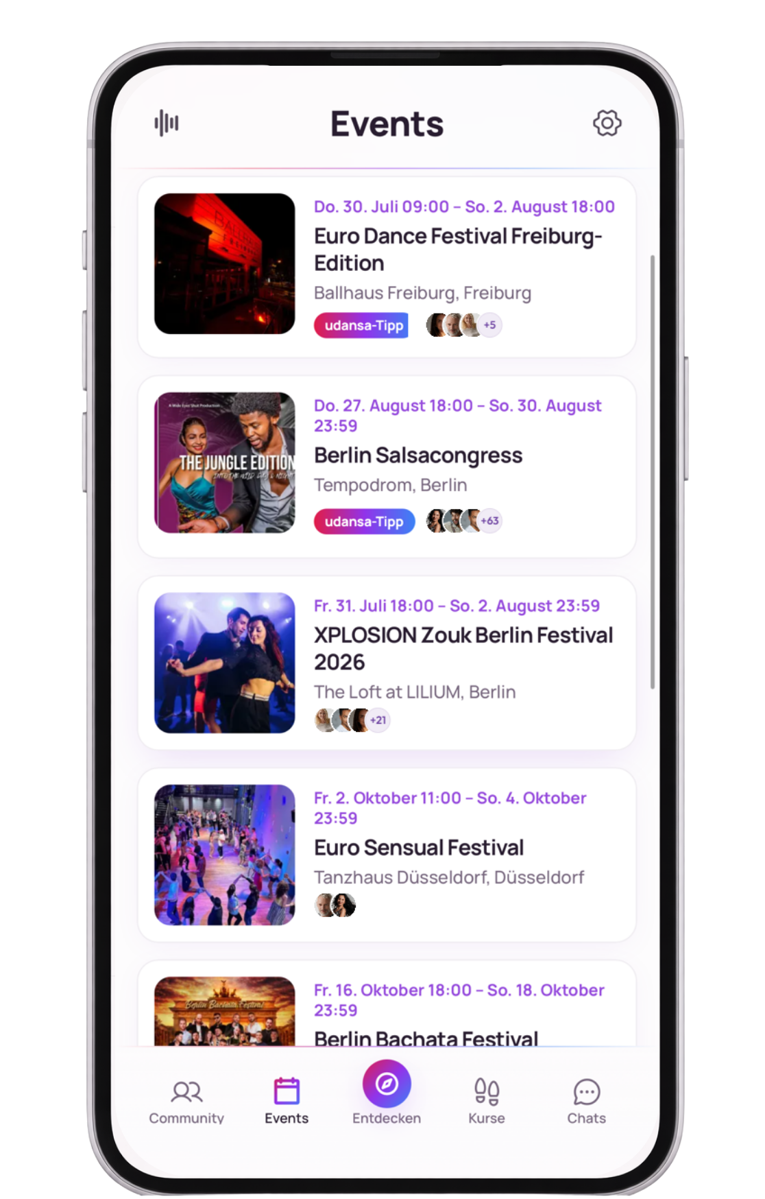 Eventliste der App mit Festivals und Socials